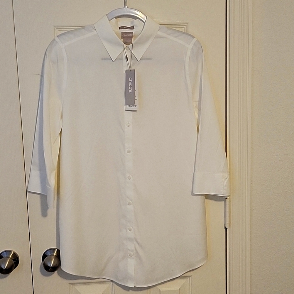 NWT'S CHICO'S No Iron Tunic Button Down Shirt, 3/4 Sleeve,  Loop Back White Sz L